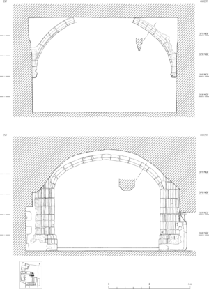 Chapelle Saint-Aubin, intérieur, relevé de l’arc nord et de l’arc sud entre les deux travées de la chapelle. © C. Schubert, X. d’Aire, S. Balcon-Berry.