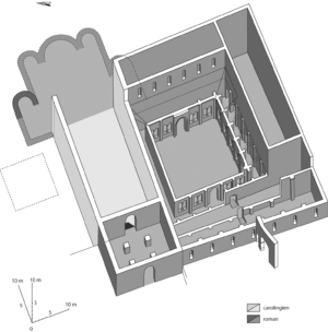 Axonométrie du cloître et de la cathédrale Saint-Nazaire au XIe siècle. © G. Fèvre.