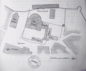 <figcaption style="line-height: 1em;"><i class="fas fa-tint"></i><span style="font-size: 11px;"> <b>Fig. 30. </b>
Essai de restitution du groupe épiscopal par Charles Boëll, Bibliothèque de la Société Éduenne, série K, p. 98. © S. Balcon-Berry.</span></figcaption> Essai de restitution du groupe épiscopal par Charles Boëll, Bibliothèque de la Société Éduenne, série K, p. 98. © S. Balcon-Berry.
