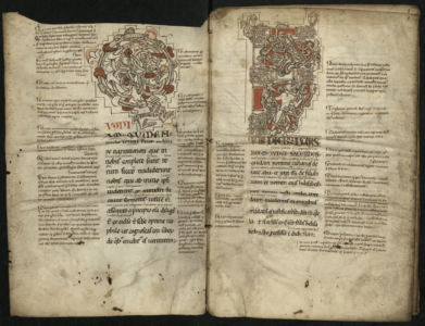 Bible (fragment) avec glose ordinaire, XIIe siècle. Bibliothèque de Bordeaux, Ms. 52, fol. 1v-2r.