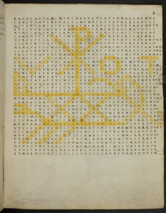 Optatianus Porfyrus, poème 19, tel qu’il est présenté au XVIe siècle, Codex Augustaneus 9 Guelferbytanus, fol. 4r. Herzog August Bibliothek, Wolfenbüttel.