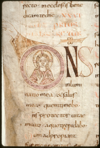 Initiale D, avec Christ en majesté. Psautier de Corbie. France, début du IXe siècle. BM Amiens métropole, Ms. 18, fol. 22v.