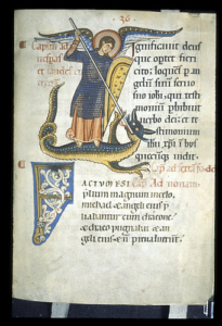 Initiales S et F ; le S est avant tout la figure de St Michel combattant le dragon. Ottobeuren Collectar, Ottobeuren, Germany, 1175-1200. British Library, Yates Thompson 2 Collectar, fol. 37r.