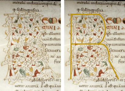 À gauche : Lettre R. Haimo, In epistolas S. Pauli, 1067. Oxford, Bodleian Ms. Add. D. 104, fol. 179v ; à droite : même lettre avec tracé moderne du R.