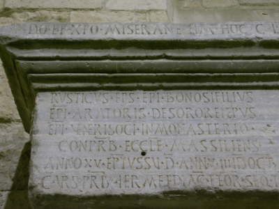 Door lintel with an inscription commemorating the construction of a church under the leadership of bishop Rusticus of Narbo (Narbonne). CIL XII 5336 = ILCV 1806; Date: AD 445; Present Location: Musée archéologique de Narbonne; © C. Witschel.