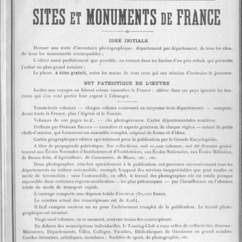 Appel à souscription pour la collection, « À la France, sites et monuments », <em>Revue mensuelle du Touring-Club de France</em>, décembre 1905, p. 548-549 (page V). Source : <a class="hyperlink" href="https://gallica.bnf.fr/ark:/12148/bpt6k64947113/f26.item">Gallica BnF</a>.