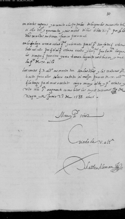 Apéndice 1: carta manuscrita de Mateo Alemán, 23 de junio de 1583 (AGS, EH, leg. 767, doc. 8-10). Apéndice 1: carta manuscrita de Mateo Alemán, 23 de junio de 1583 (AGS, EH, leg. 767, doc. 8-10).